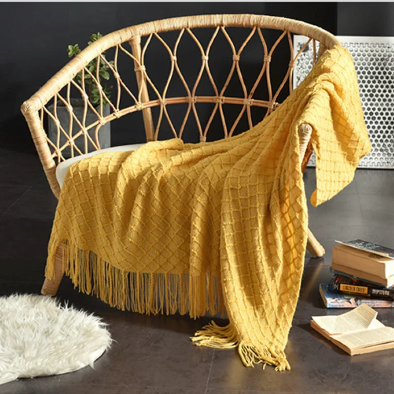 Boho Throw Blanket Fringe - Selimut Rajut Bertekstur Warna Kuning Mustard,