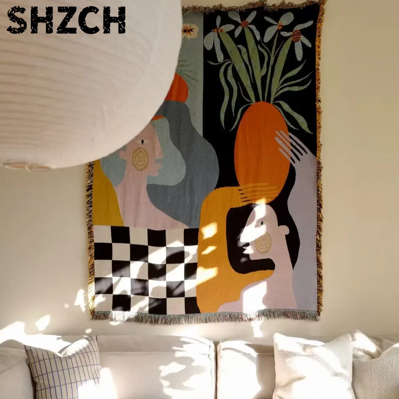 Boho Throw Blanket Fringe - Permadani Seni Abstrak Modern dengan Motif